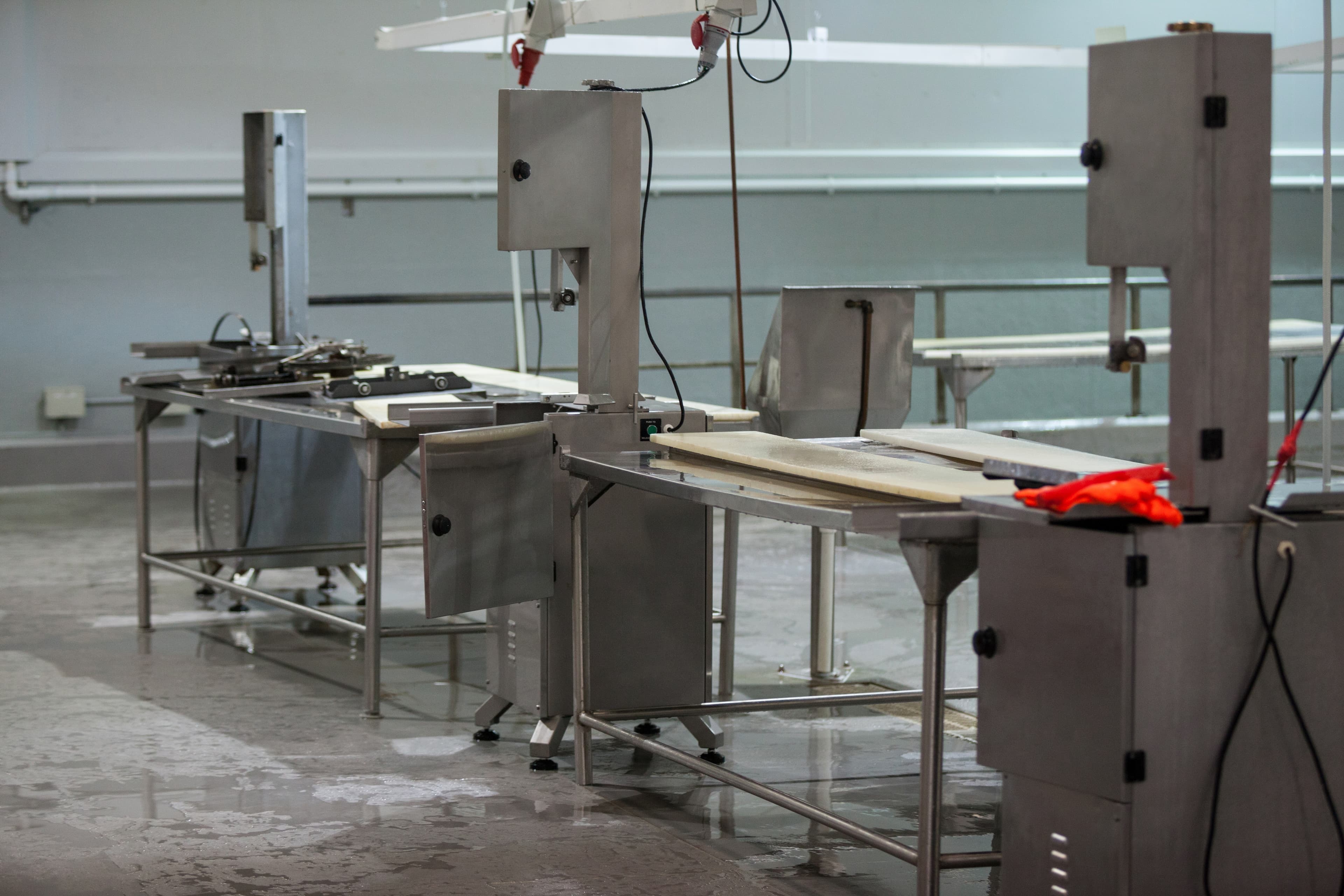 Workers on the cutting line inside a processing facility